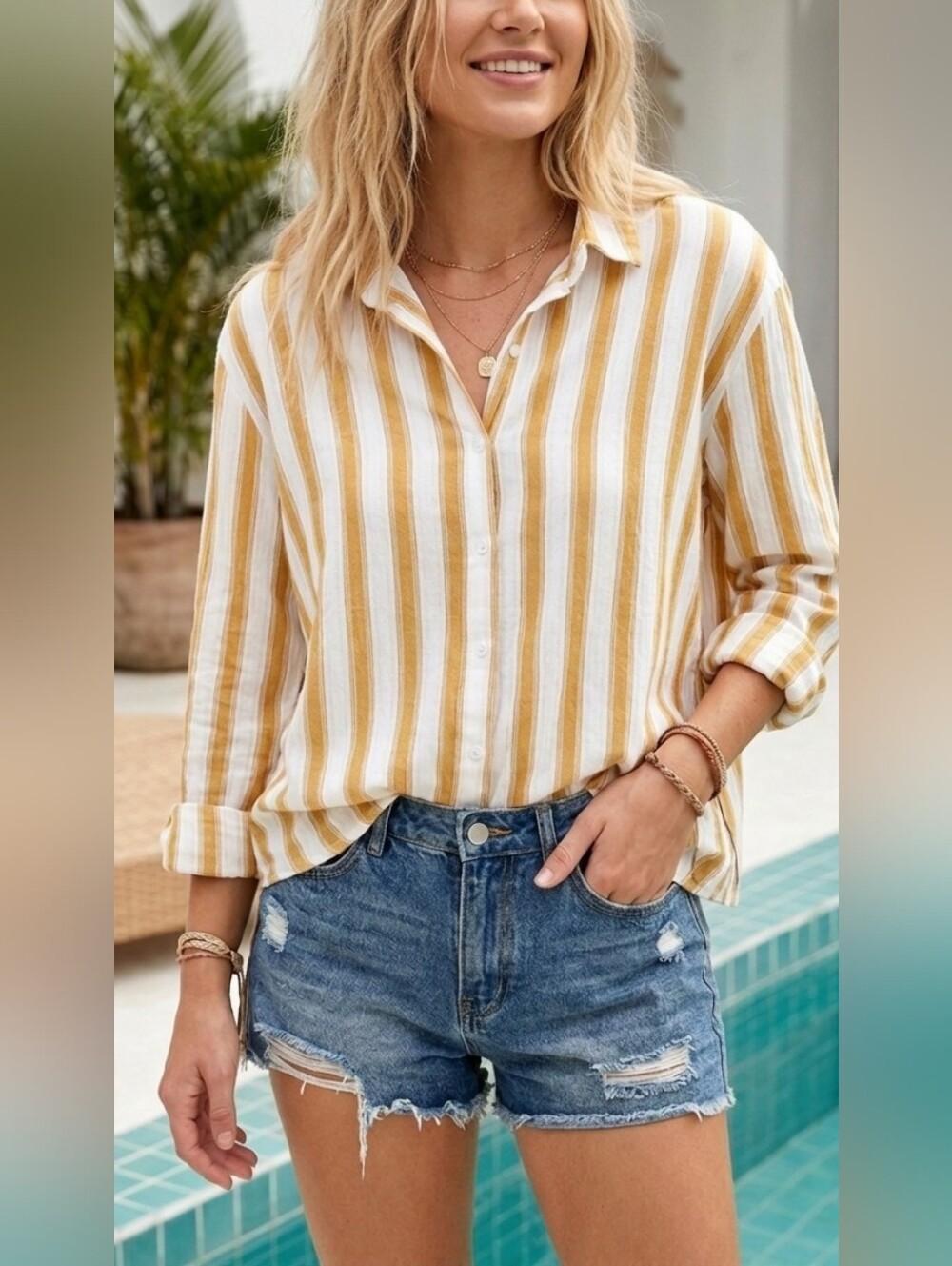 Japna Striped Button Down Shirt - White & Mustard | Size M